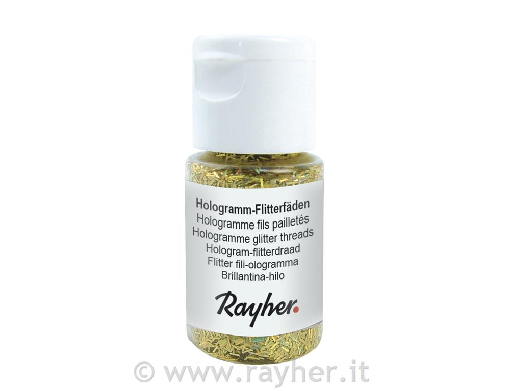 Flitter fili-ologramma, 0,3x1,65 mmPET, flaconcino 10 mloro brillante