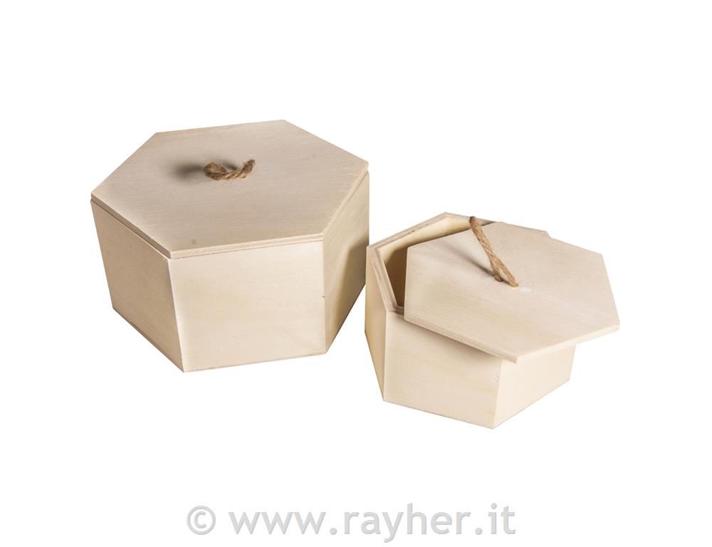 Set: scatole legno esag. FSC Mix Credit1 pz 16x14x8,3cm+12x10,6x6,5cm 