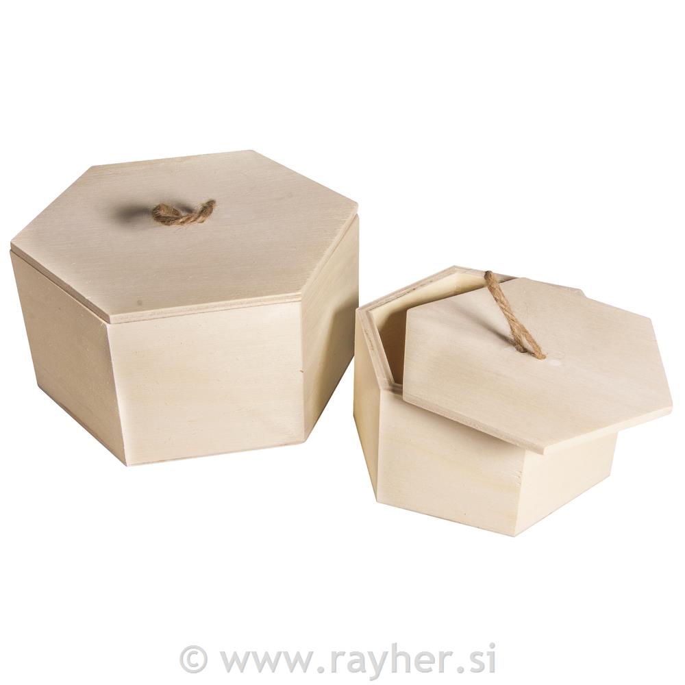 Set: scatole legno esag. FSC Mix Credit1 pz 16x14x8,3cm+12x10,6x6